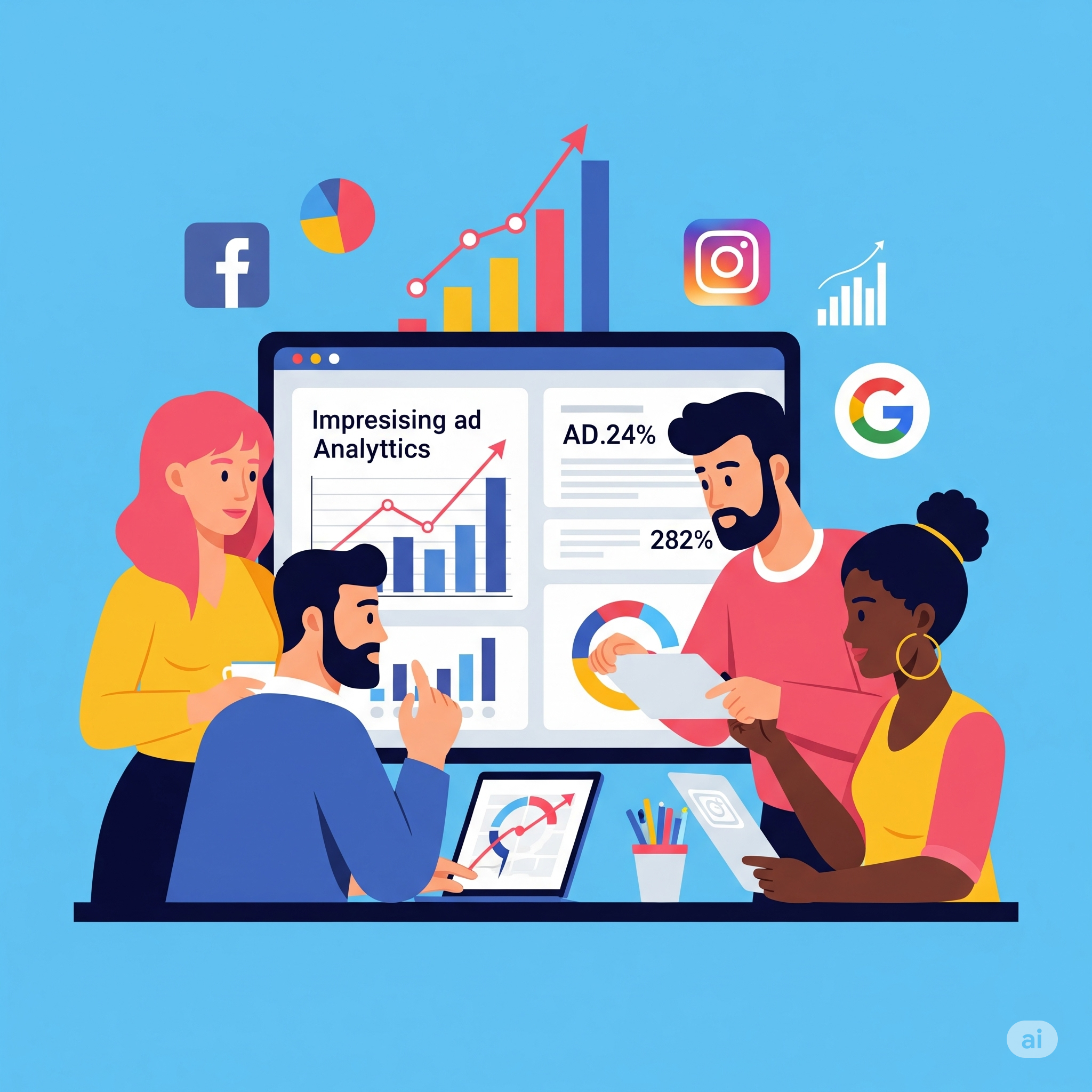 Ads for Beginners Course - Illustration of people analyzing ad campaign data