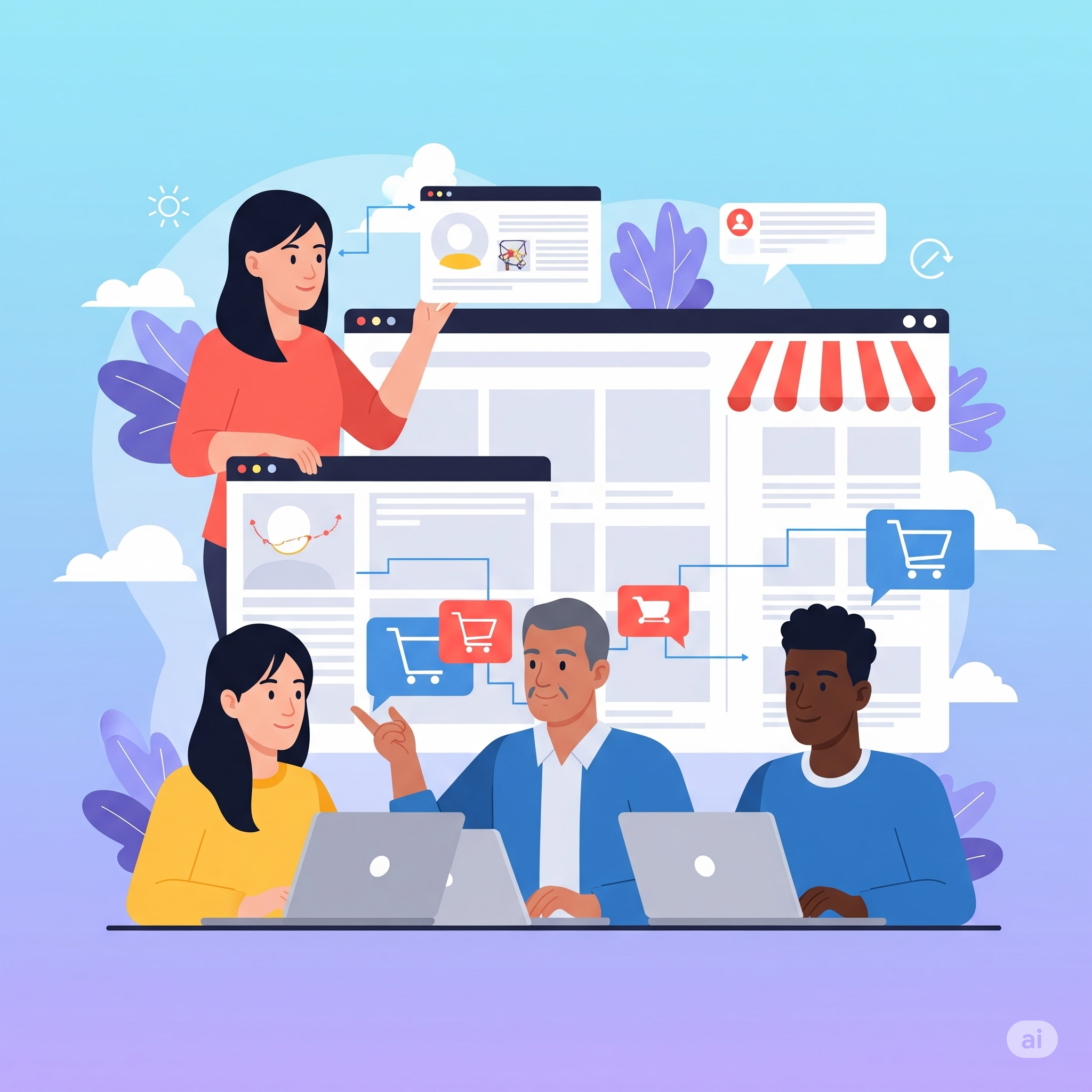 Website Creation Course - Illustration of people collaborating on e-commerce website design